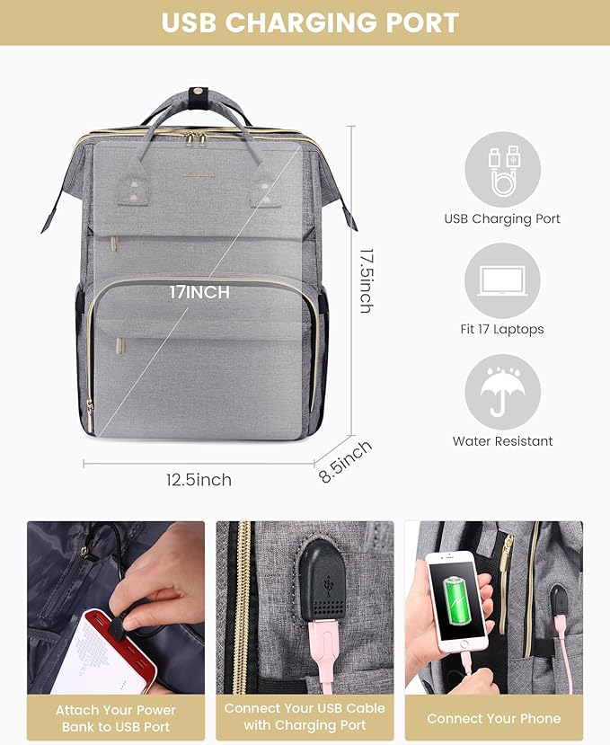 LOVEVOOK 17.3 Inch Laptop Backpack, Large Travel Backpack for Women, Water Resistant Teacher Backpack with Laptop Compartment, Professional Business Work bags with Charger, Austere Grey