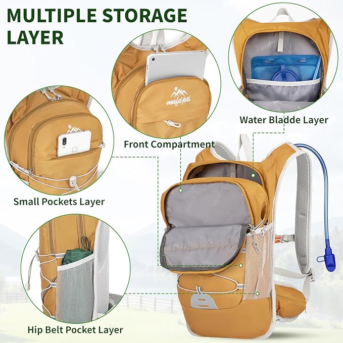 Hiking Backpack for Women & Men, Hydration Backpack with 2L Water Bladder for Running, Hiking, Cycling, Climbing, Camping, Biking (Yellow)