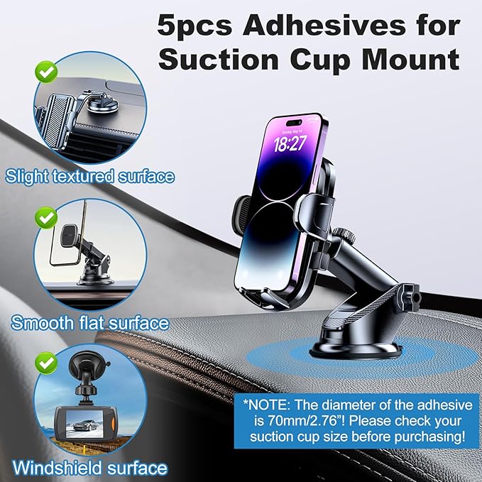 5pcs Sticky Adhesive Pads for Car Phone Mount, 70mm/ 2.76" Double-Sided Heavy Duty Sticker Gel Mounting Tapes Replacement Kit for Suction Cup Dashboard Cell Phone Holder Windshield Dash Cam GPS Base
