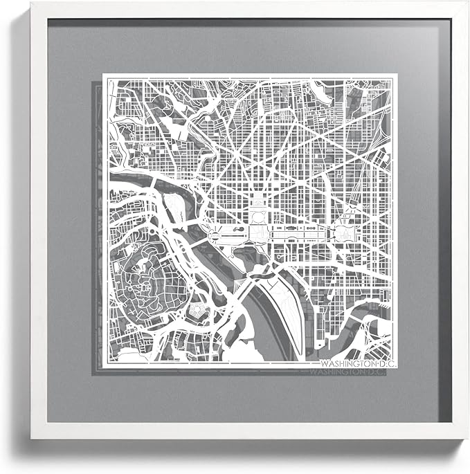 Washington D.C.s Cut Map framed by O3 Design Studio, White map, White frame, 18x18 inches, paper cutting art work, Gift Boxed, 4 background color, self-changing, Wall Art