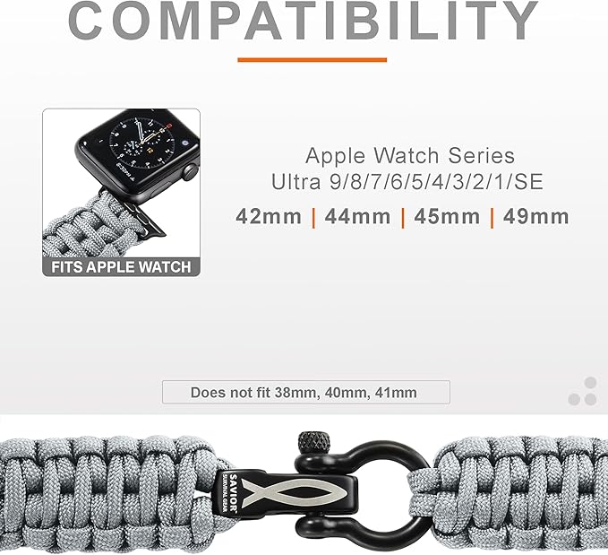 Savior Survival Gear Paracord Watch Band - Compatible with Apple Watch Band 49mm 46mm 45mm 44mm 42mm - iWatch Band Series Ultra 10 9 8 7 6 5 4 3 2 1 SE – Adjustable strap for men (Neutral Gray, Large)