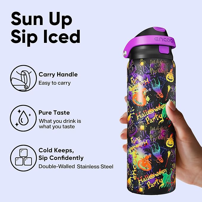 Encool SwiftSip Insulated Stainless Steel Water Bottle with Straw - Leak Proof Sports Water Bottle for School, Travel, Keeps Cold All Day, One-Touch Flip Lid, BPA-Free, 32 oz, Ghost Party