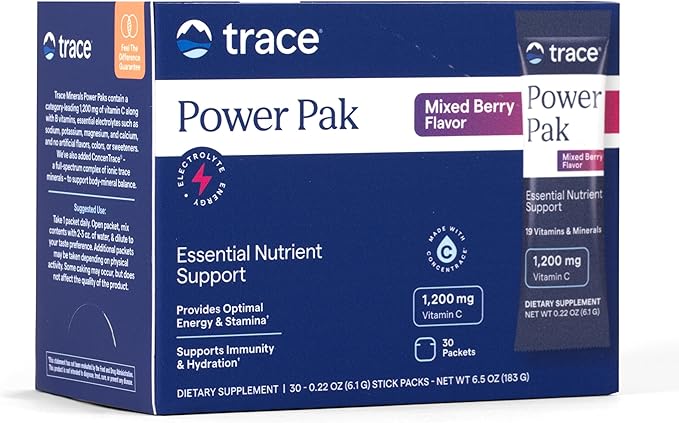 Trace Minerals | Power Pak Electrolyte Powder Packets | 1200 mg Vitamin C, Zinc, Magnesium | Boost Immunity, Hydration and Natural Energy | Mixed Berry | 30 Packets