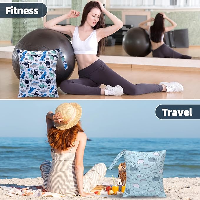 Waterproof Wet Dry Bag 2-Pack - Beach Swimming Travel Organizer for Baby Cloth Diapers, Swimwear & Gym Clothes, Leak-Proof with Dual Zippers-Cute Animal,Dinosaur