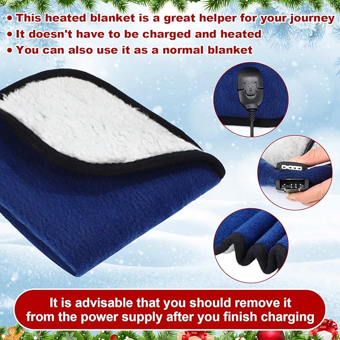 Tuanse 16 x 16 Inches Car Electric Blanket 12 Volt Heated Car Blanket with Temperature Controller and Black Storage Bag Cold Weather Tailgating and Emergency Kit(Navy Blue, White Cotton,Blank)