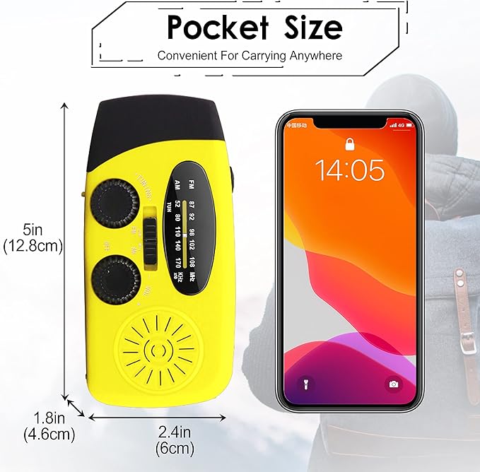 Emergency Hand Crank Radio with LED Flashlight for Emergency, AM/FM Portable Weather Radio with 2000mAh Power Bank Phone Charger, USB Charged & Solar Power for Camping, Emergency(Yellow)