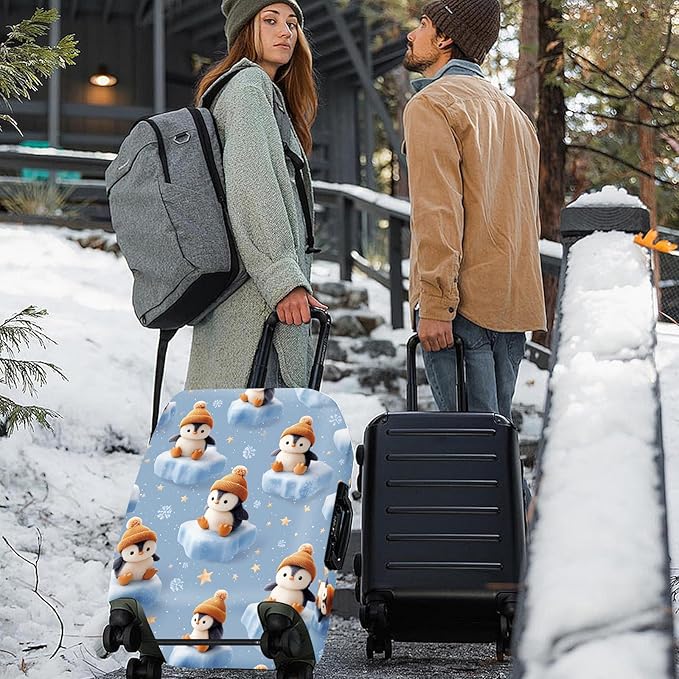 ANNA QUEEN Winter Penguin Luggage Cover, Cute Penguin on Ice Pattern Suitcase Protector, Washable Stretchable Travel Sleeve for 20-22 Inch Luggage
