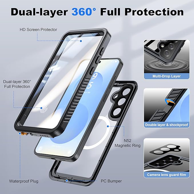 ANTSHARE IP68 Waterproof Case for Samsung Galaxy S25 Plus [2025] - MagSafe Compatible, Built-in Screen/Lens Protector - Shockproof Full Body Protection for Swimming/Outdoor, Black/Clear