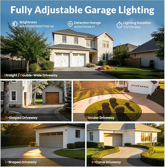LEPOWER-TEC Zero Blind Spots Outdoor Security Light with 240° & 100ft Dual PIR Motion Sensor, 7000LM Adjustable Flood Light Brightness for Garage Driveway, Dusk to Dawn, IP65, Easy Hardwired Install