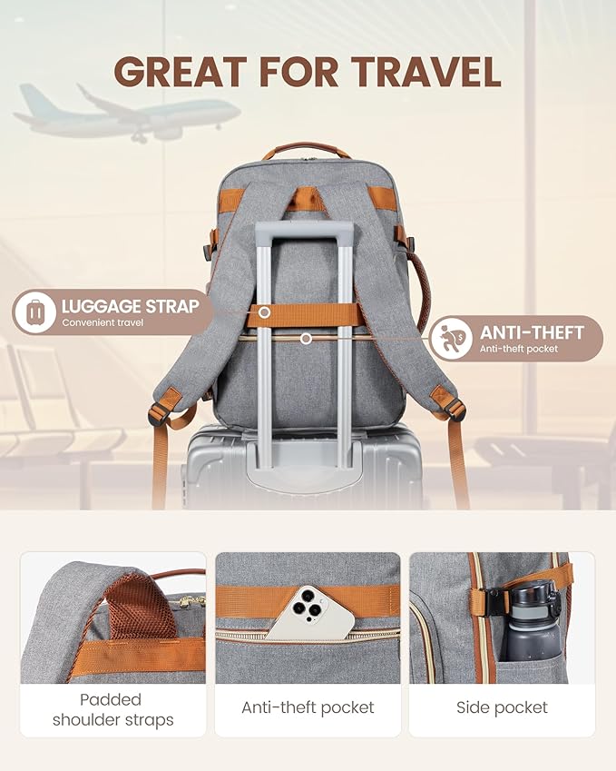 LOVEVOOK Travel Backpack for Women & Men 40L,Airline Approved Carry On Backpack Travel Essentials,TSA Carry on Luggage,Waterproof Personal Item Travel Bag,Suitcase with 3 Packing Cubes,Grey-Brown