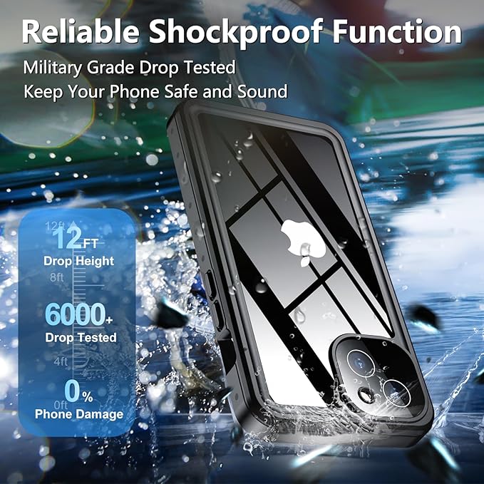 SPIDERCASE for iPhone 13 Case Waterproof, Built-in Lens & Screen Protector, Full Heavy Duty Protection, 12FT Military Shockproof, Dustproof, Anti-Scratched Phone Case,Black