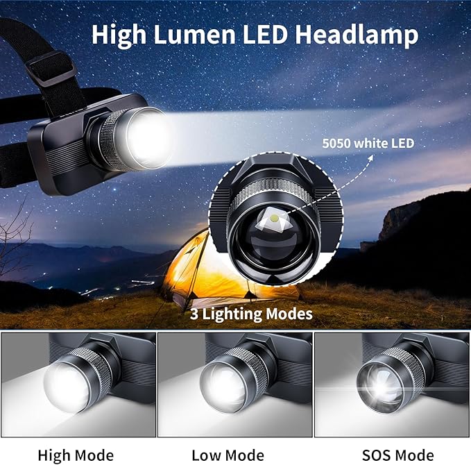 KunHe 2 Pack 333LM Aluminum Alloy Headlamp 1800mAh Rechargeable Headlamp with Zoomable 150M Long Beam IP65 Waterproof 3 Modes High Low Strobe for Outdoor Camping Construction Work Emergency