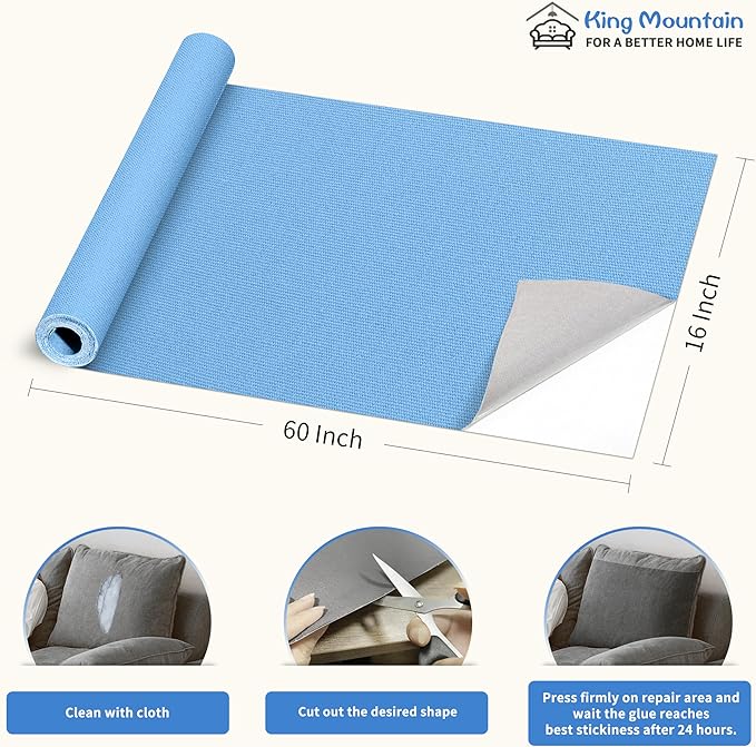 KING MOUNTAIN Canvas Repair Patch 16×60 Inch Self-Adhesive Waterproof Fabric Patch for Sofas, Tents, Furniture,Tote Bags, Car Seats (Blue)