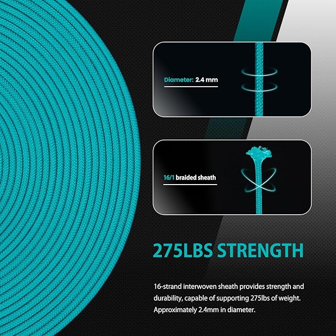 Abma Cord 2.4mm Paracord 275 100ft Nylon Rope 4 Strands Tactical Parachute Cord - Max. 275lbs - Turquoise