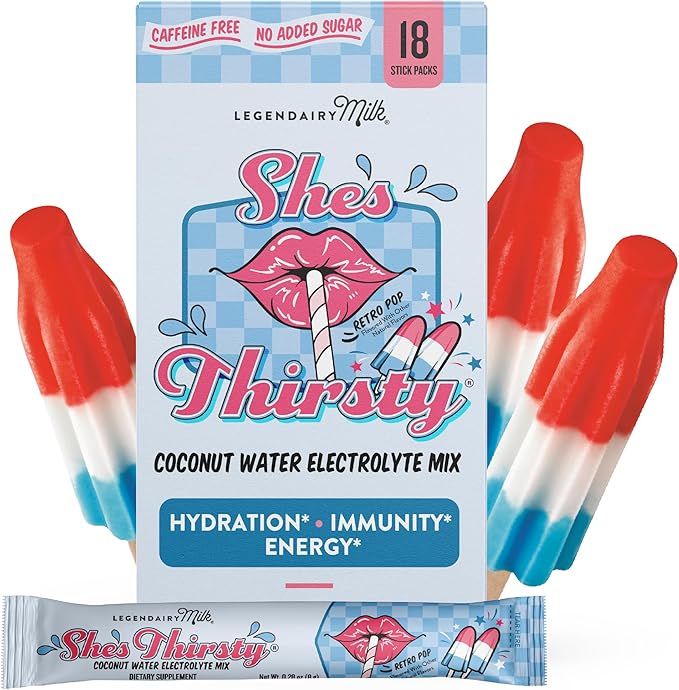 Legendairy Milk She’s Thirsty Retro Pop, No Sugar Added Electrolytes Powder Packets–Coconut Water Mix for Women, Instant Hydration Packets, Immune Support, Pregnancy Safe, 18 Ct