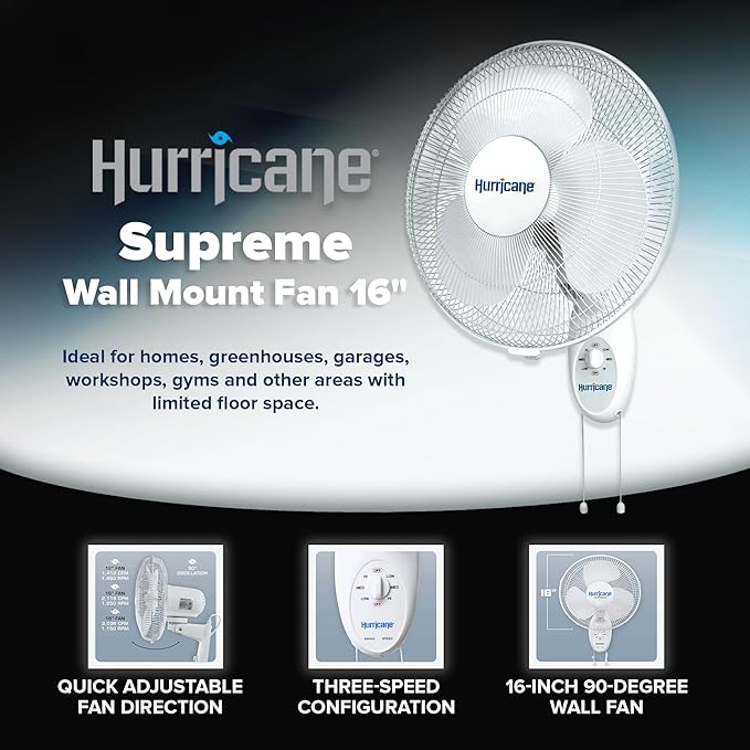 Hurricane 16" Supreme Oscillating Wall Mount Fan w/ 3 Quiet Speeds, White - Corded Electric Air Cooling Unit w/ Easy Pull Cord Controls for Homes, Greenhouses, Garages, Workshops & Gyms