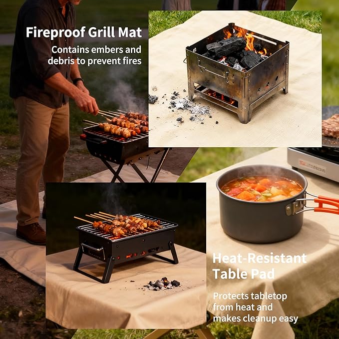 Fireproof Blanket,Made of Fiberglass with Bound Edges and Metal Perforations, can be Laid Flat or Hung up, Suitable for Camping, Home fire Protection,BBQ Grill mats (Khaki 23.75" x 31.5")