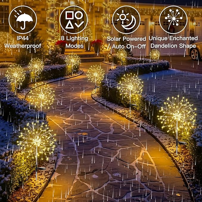 suddus Solar Garden Lights Outdoor Waterproof Decorative, Upgrade 2Pack 150LED Firework Lights, Solar Fairy Lights for Yard, Garden, Party, Patio, Pathway, Flowerbed - Warm White