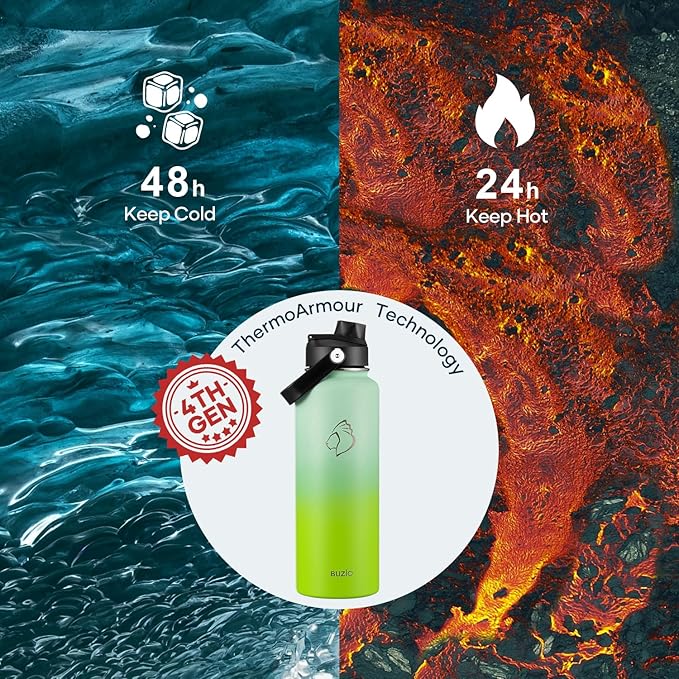 BUZIO 40oz Insulated Water Bottle, Triple Wall Stainless Steel Water Flask with 2 lids, Leakproof BPA-Free Straw Lid Sports Canteen for Sports Hiking, Cold 48H & Hot 24H- Gradient Green