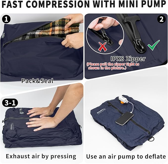 Reusable Vacuum Bags for Travel With Pump,Professional Waterproof IPX8 Zipper Vacuum Compression Bag for Suitcases Backpack,Space Saver Bags Packing Organizers for Clothing Packing(2 Pack,Navy)