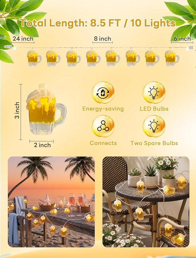 Beer Mug String Lights, 8.5FT 10 LED Summer Lights with UL Certified Plug, Waterproof Tropical Party Decorations for Patio, Warm White Hawaiian String Lights for Garden Backyard Bedroom Bar Decor