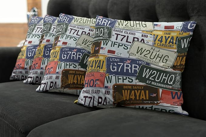 Ambesonne Vintage Decorative Throw Pillow Case Pack of 4, Original Retro Style License Plates Personalized Creative Travel Vacation, Cushion Cover for Couch Living Room Car, 16", Blue Green