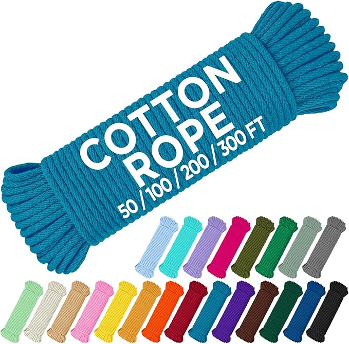 TECEUM Cotton Rope 3/16” (5 mm) – 100 FT – Strong All-Purpose Braided Rope – Natural Cotton – for Crafting, Сamping, Clothes Line, DIY, Indoor & Outdoor Use – Sky Blue
