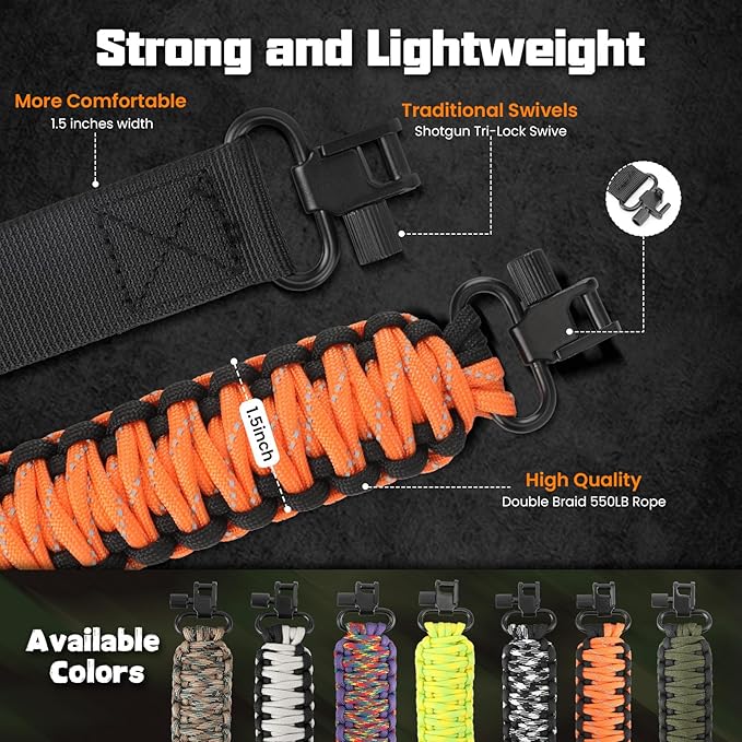 Double Braide 550LB Shotgun Sling 2 Point Paracord Rifle Sling,Non-Slip Traditional Adjustable Gun Sling for Hunting Shooting Camping