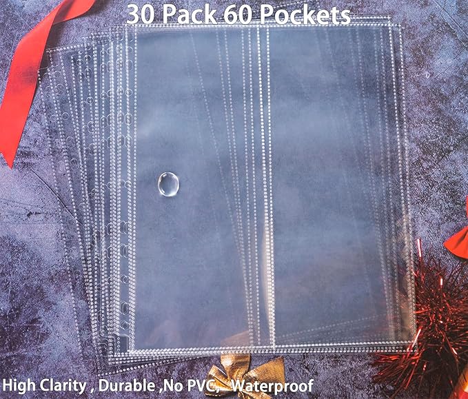 30 Pack 60 Pockets 4.5x11” Folded Map Sleeves, Ultra-Clear Brochure Organizer Pages for 3 Ring Binder, Top Loading Map Protector Sleeves