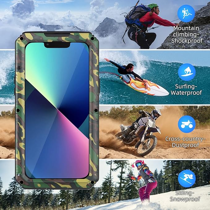 Mitywah Waterproof Case for iPhone 13, Heavy Duty Military Grade Protection Phone Case with Built-in Screen Protector, 360° Full Body Protection Metal Armor Dropproof Case 6.1 inch, Camouflage