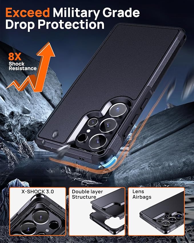 Lanhiem for Samsung Galaxy S25 Ultra Phone Case with Tempered Glass Screen Protector, Shock Absorption, Anti-Scratch Shockproof Case Cover for Samsung S25 Ultra, Black