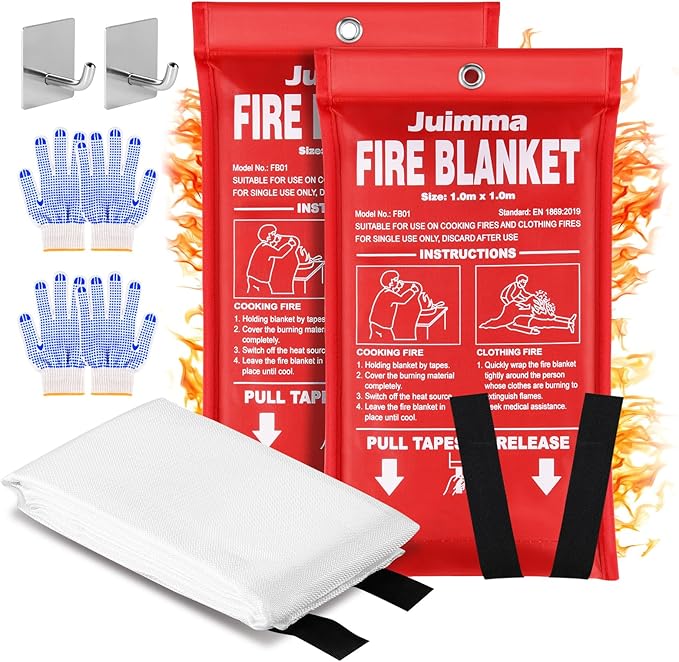 Juimma Fire Blanket for Home and Kitchen - 40" x 40" Prepared Fire Blankets Emergency for Home, School, Camping, Office, Warehouse, with Gloves and Hooks, 2 Packs