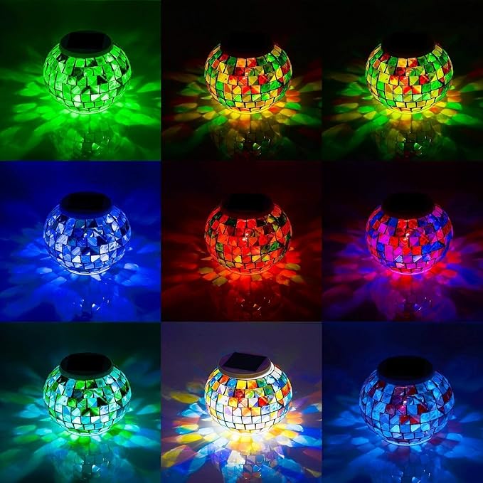WSgift Color Changing Solar Powered Glass Mosaic Ball Led Garden Lights, Rechargeable Outdoor Waterproof Solar Night Lights Table Lamps for Decorations, Ideal Gifts