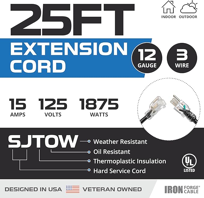 Iron Forge Cable 12 Gauge Outdoor Extension Cord 25 Ft, SJTOW 12/3 Heavy Duty Extension Cord 3 Prong, Oil Resistant & Flame Retardant - Lighted End