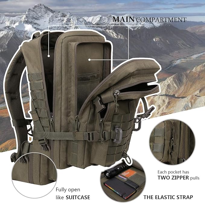 Hannibal Tactical MOLLE Assault Backpack, Tactical Backpack Military Army Camping Rucksack, 3-Day Pack Trip w/USA Flag Patch, D-Rings, Olive