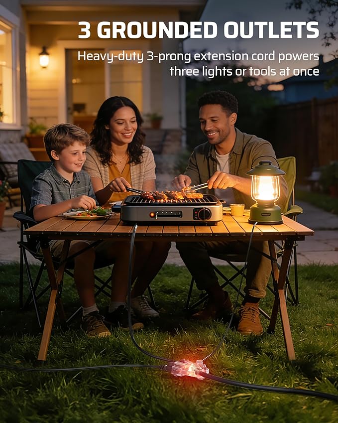 DEWENWILS 360° Rotating Flat Plug Outdoor Extension Cord 25FT, 14/3 SJTW Heavy Duty Power Cable for Indoor/Outdoor, 3 Prong Lighted Triple Outlet with Hook, 125V/15A/1875W, Black, ETL Listed