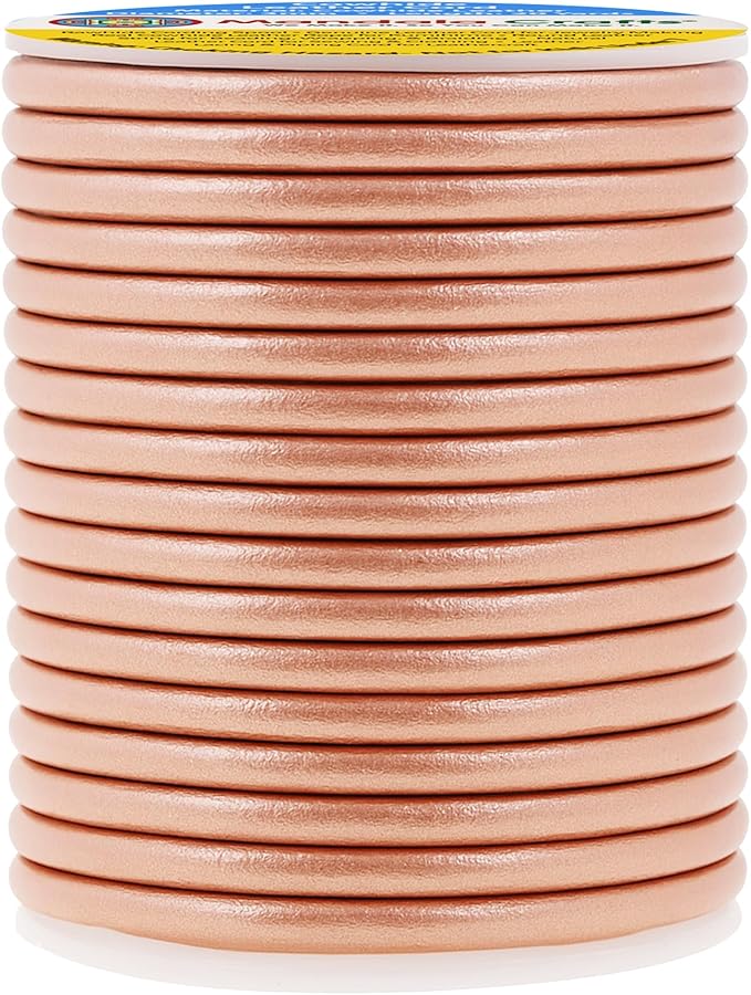 Mandala Crafts Round Genuine Rose Gold Leather Cord for Jewelry Making – 3mm Cowhide Leather Rope String Lace for Kumihimo – 20 Yards Cowhide Craft Cording Spool
