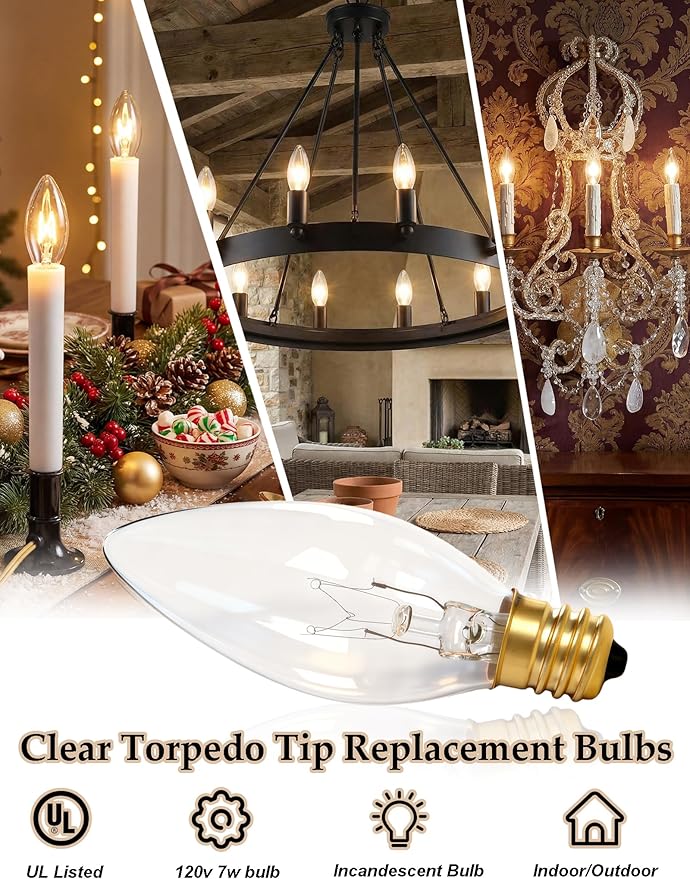 25 Pack Candle Light Bulbs,Crystal Clear Torpedo Tip Candelabra Replacement Bulbs Fit C7/E12 Candelabra Base,7 Watt C26 Replacement Night Light Bulb for Electric Window Candle Lights