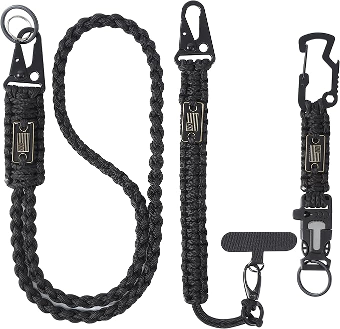 Heavy Duty Braided Paracord Lanyard for ID Badges,EDC Tether for Phone,Tactical 550 Paracord Keychain with USA Flag