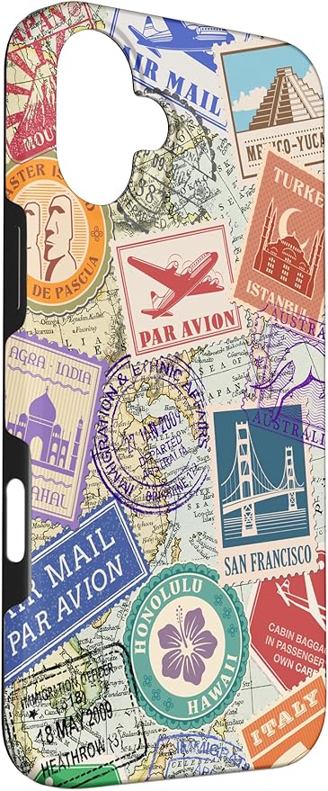 World Map Travel Passport Stamps Postage Stamp Case for iPhone 16 Plus