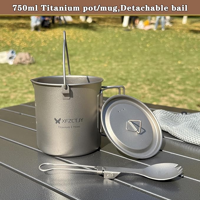 750ml Ultralight Titanium Camping Pot With Lid Spork,With Foldable Handle Detachable Bail For Backpacking, Hiking Mountaineering