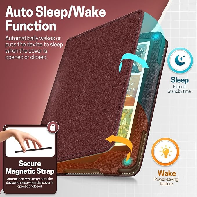 TNP Stand Case with Strap for Kindle Paperwhite 12th Gen 2024 / Kindle Colorsoft Signature Edition - 7" PU Leather Protective Folio Cover with Auto Wake/Sleep & Card Slot, Dark Red