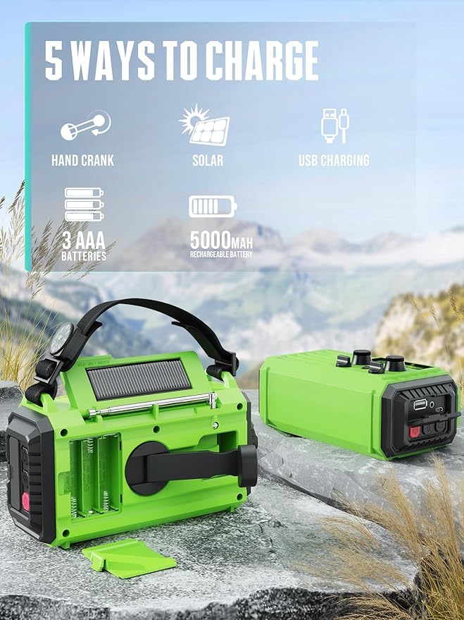 Emergency Radio with NOAA Weather Alert – Solar Hand Crank Portable AM/FM Shortwave Radio, Rechargeable Battery 5000mAh, USB Charger, Flashlight, SOS Alarm for Home Outdoor Hurricane Survival