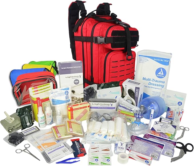 Lightning X Stocked EMS/EMT Trauma & Bleeding First Aid Responder Medical Backpack + Kit + Pouches - RED