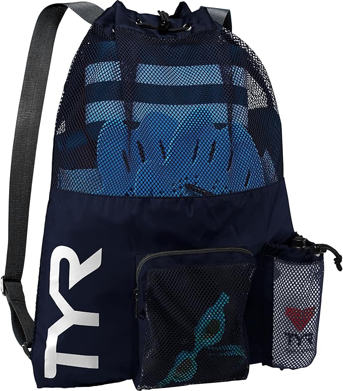 TYR Big Mesh Mummy Backpack for Swim, Gym and Workout Gear, Black, 40-Liter Capacity