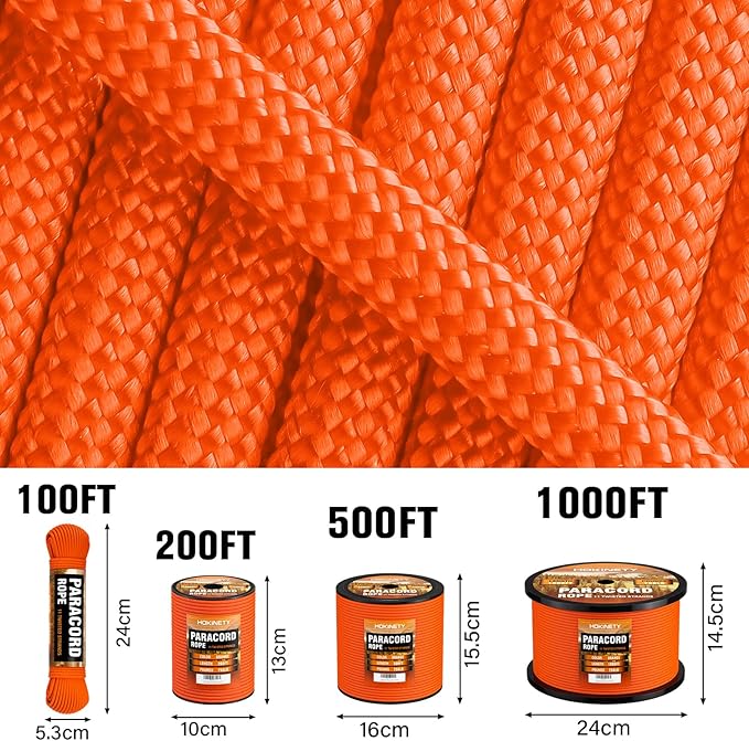 Paracord Rope 750lb - Parachute para Cord 4mm 11 Strand Spool Rope Utility Nylon String for Outdoor Camping Survival Utility Tent Crafting DIY Projects - Orange 200ft