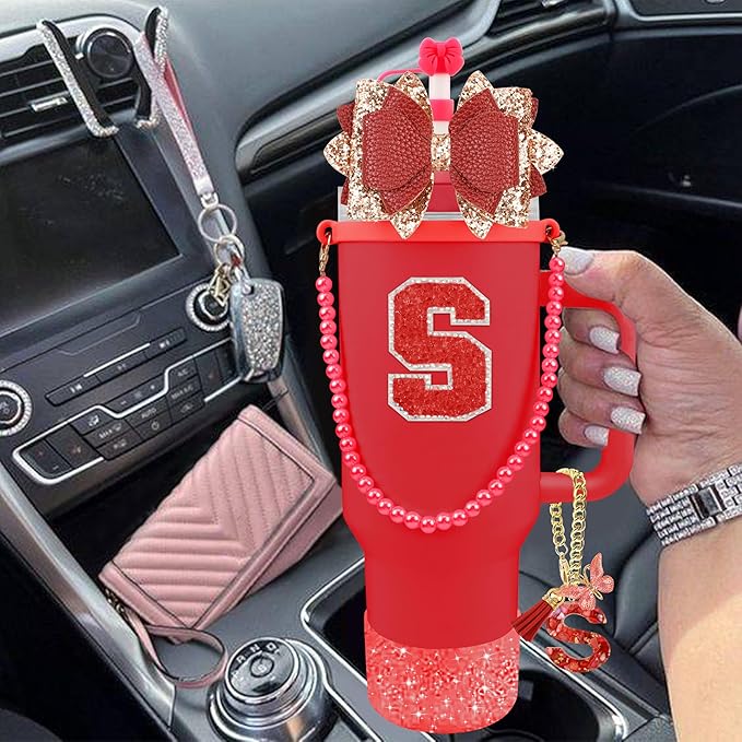 9PCS Red for Stanley Cup Accessories Set Bling Initials Bow Charms for Stanley Decorations 30/40 Oz Tumbler Accessories Including Bow Straw Topper, Handle Strap, Spill Stopper（Letter S）