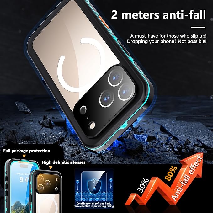 Waterproof Case for iPhone 17 Pro – IP68 Submersible Shield with Built-in Screen Protector, Shockproof Military-Grade Armor, Full-Body Heavy-Duty Protection, (Teal)