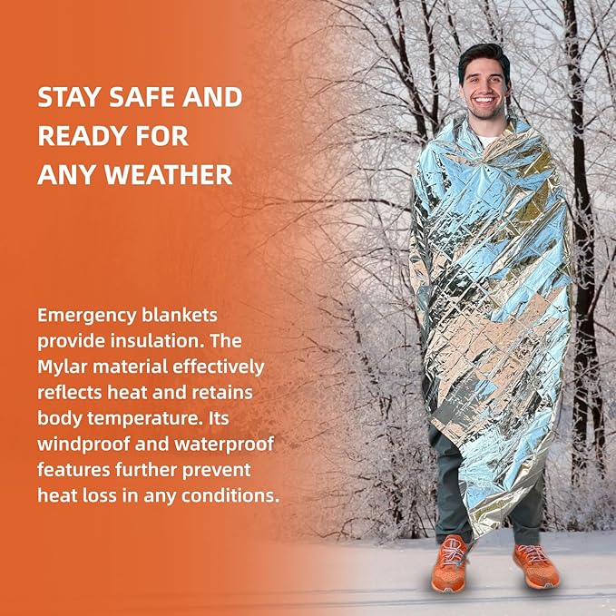 10 Pack Emergency Thermal Blanket Survival, Mylar Blankets for Outdoor, Space Blanket, Silver Foil for Survival, Survival Kit Camping Blankets, Body Warmer, First Aid, Hiking 84” x 52”