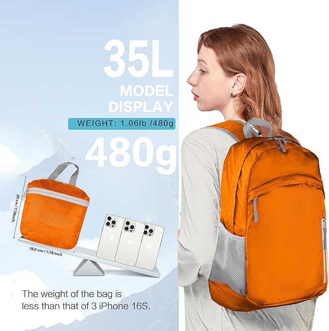 Waterproof Foldable Backpack Dry Storage Lightweight Daypack 35L Outdoor Backpack for Beach Men Women Orange